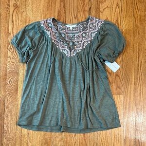 Lucky Brand Green Puff Sleeve Embellished Blouse